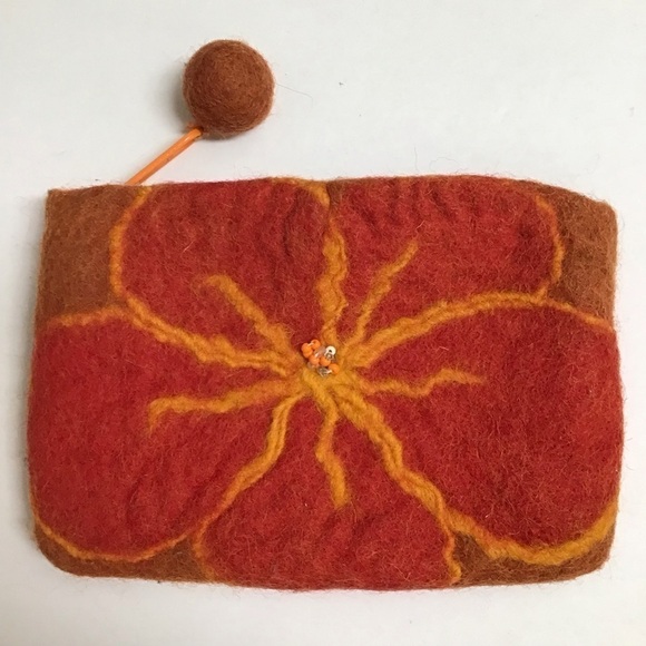 Artisan Wool Felt Orange Red Hibiscus Flower Zip Coin Purse 4x6” Hawaii Pom Pom - Picture 4 of 8